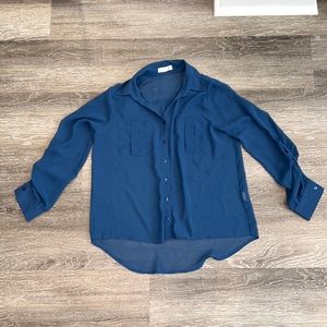 MINE Chiffon Blue Button Down Top Quarter Length Sleeves